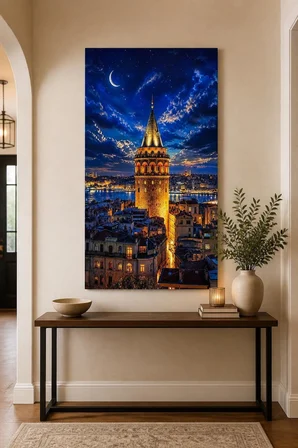 Galata Kulesi Desenli Baskılı Cam Tablo – İstanbul Gece Manzaralı UV Duvar Tablosu