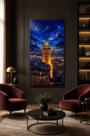 Galata Kulesi Desenli Baskılı Cam Tablo – İstanbul Gece Manzaralı UV Duvar Tablosu