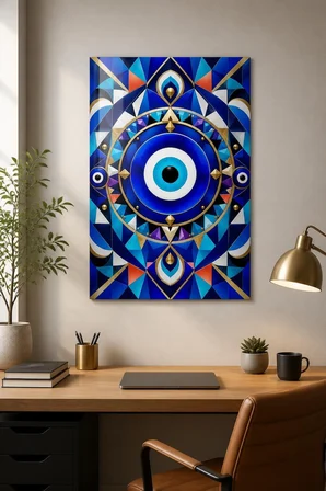 Nazar Boncuğu Desenli Baskılı Cam Tablo – Geometrik Mavi Gold Duvar Dekoru