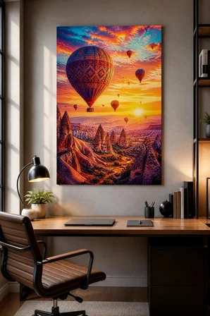 Kapadokya Balon Manzaralı Baskılı Cam Tablo – Canlı UV Baskı Duvar Dekoru
