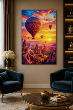 Kapadokya Balon Manzaralı Baskılı Cam Tablo – Canlı UV Baskı Duvar Dekoru