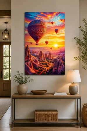 Kapadokya Balon Manzaralı Baskılı Cam Tablo – Canlı UV Baskı Duvar Dekoru