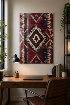 Etnik Kilim Desenli Baskılı Cam Tablo – UV Baskı Dekoratif Duvar Tablosu