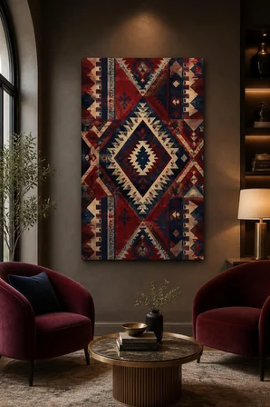 Etnik Kilim Desenli Baskılı Cam Tablo – UV Baskı Dekoratif Duvar Tablosu