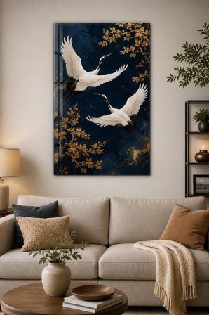 Turna Kuşu Desenli Baskılı Cam Tablo – Gold Detaylı UV Baskı Duvar Dekoru