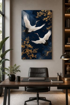 Turna Kuşu Desenli Baskılı Cam Tablo – Gold Detaylı UV Baskı Duvar Dekoru