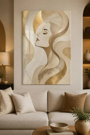 Kadın Portre Desenli Baskılı Cam Tablo – Gold Detaylı Modern Duvar Tablosu