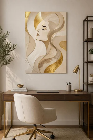 Kadın Portre Desenli Baskılı Cam Tablo – Gold Detaylı Modern Duvar Tablosu