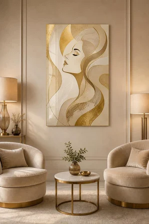 Kadın Portre Desenli Baskılı Cam Tablo – Gold Detaylı Modern Duvar Tablosu