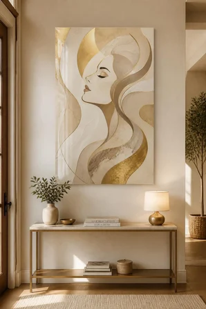 Kadın Portre Desenli Baskılı Cam Tablo – Gold Detaylı Modern Duvar Tablosu