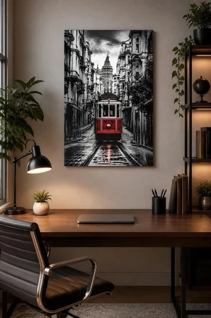 İstanbul Tramvay Baskılı Cam Tablo – Galata Kulesi Şehir Manzarası UV Baskı