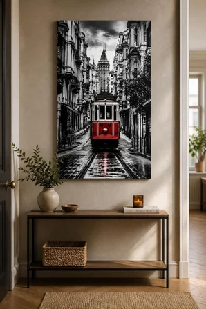 İstanbul Tramvay Baskılı Cam Tablo – Galata Kulesi Şehir Manzarası UV Baskı