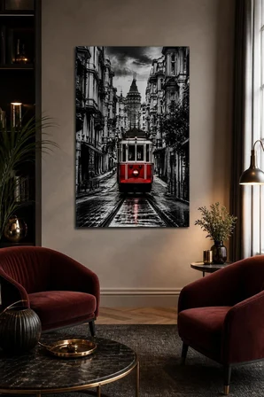 İstanbul Tramvay Baskılı Cam Tablo – Galata Kulesi Şehir Manzarası UV Baskı