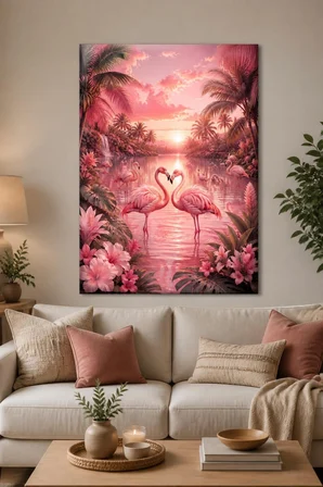 Flamingo Desenli Baskılı Cam Tablo – Pembe Tropikal UV Baskı Duvar Dekoru