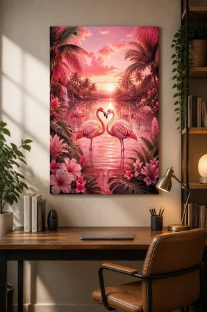 Flamingo Desenli Baskılı Cam Tablo – Pembe Tropikal UV Baskı Duvar Dekoru
