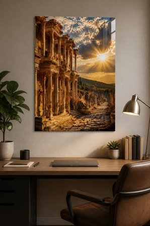 Antik Kent Desenli Baskılı Cam Tablo – Gün Batımı UV Baskı Dekoratif Duvar Tablosu