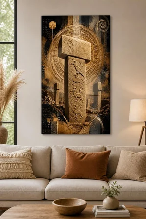 Göbeklitepe Desenli Baskılı Cam Tablo – Antik Taş Anıt UV Baskı Duvar Dekoru