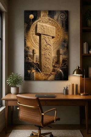 Göbeklitepe Desenli Baskılı Cam Tablo – Antik Taş Anıt UV Baskı Duvar Dekoru