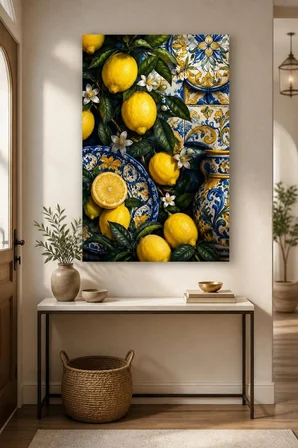 Limon ve Çini Desenli Baskılı Cam Tablo – UV Baskı Dekoratif Duvar Tablosu