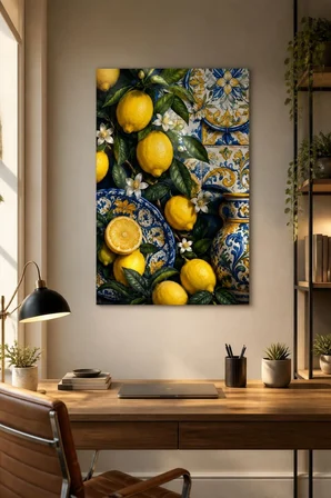 Limon ve Çini Desenli Baskılı Cam Tablo – UV Baskı Dekoratif Duvar Tablosu