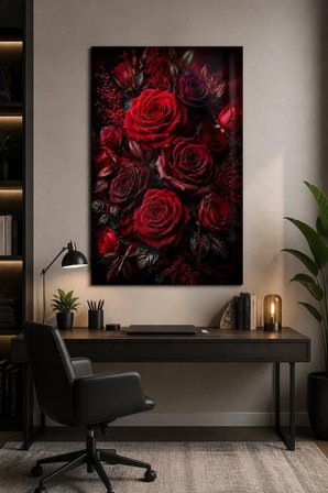Kırmızı Gül Desenli Baskılı Cam Tablo – UV Baskı Dekoratif Duvar Tablosu