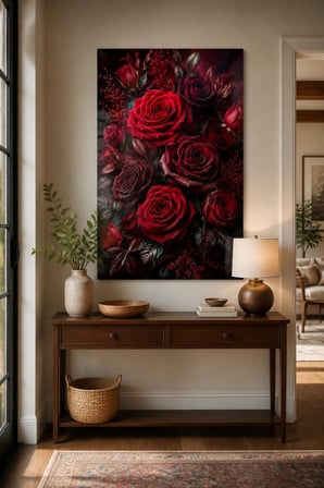 Kırmızı Gül Desenli Baskılı Cam Tablo – UV Baskı Dekoratif Duvar Tablosu