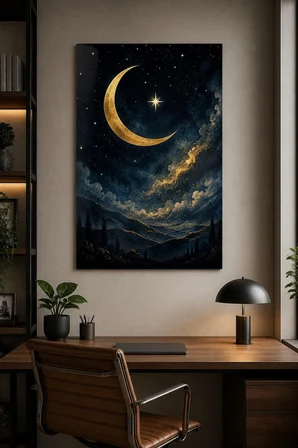 Hilal ve Yıldız Desenli Baskılı Cam Tablo – Gold Gece Gökyüzü Duvar Dekoru