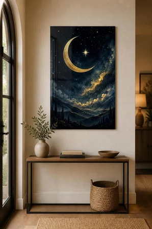 Hilal ve Yıldız Desenli Baskılı Cam Tablo – Gold Gece Gökyüzü Duvar Dekoru