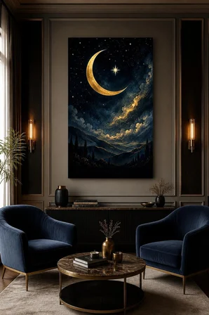 Hilal ve Yıldız Desenli Baskılı Cam Tablo – Gold Gece Gökyüzü Duvar Dekoru