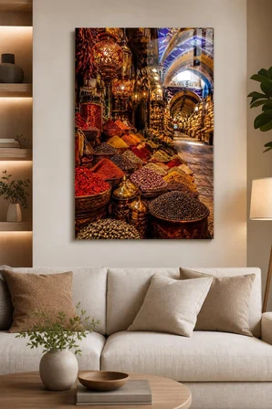 Baharat Çarşısı Baskılı Cam Tablo – UV Baskı Dekoratif Duvar Tablosu