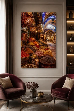 Baharat Çarşısı Baskılı Cam Tablo – UV Baskı Dekoratif Duvar Tablosu