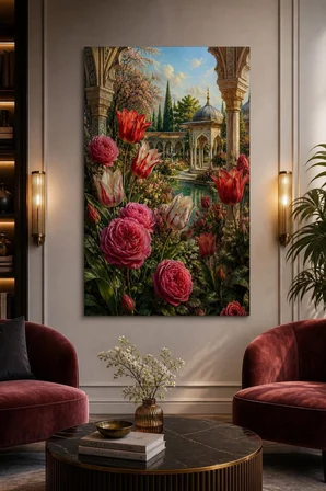Saray Bahçesi Çiçek Desenli Baskılı Cam Tablo – UV Baskı Dekoratif Duvar Tablosu