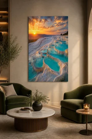 Pamukkale Travertenleri Baskılı Cam Tablo – Gün Batımı Manzara Duvar Dekoru