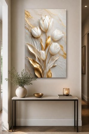 Beyaz Lale Desenli Baskılı Cam Tablo – Gold Detaylı UV Baskı Duvar Dekoru