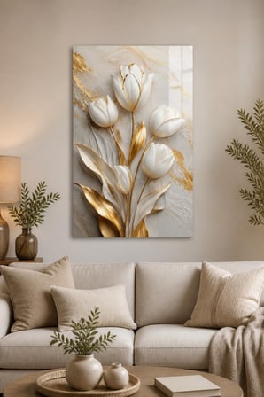 Beyaz Lale Desenli Baskılı Cam Tablo – Gold Detaylı UV Baskı Duvar Dekoru