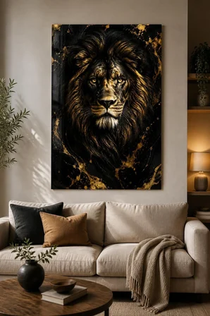 Aslan Desenli Baskılı Cam Tablo – Siyah Gold UV Baskı Dekoratif Duvar Tablosu