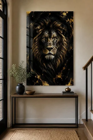Aslan Desenli Baskılı Cam Tablo – Siyah Gold UV Baskı Dekoratif Duvar Tablosu