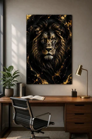 Aslan Desenli Baskılı Cam Tablo – Siyah Gold UV Baskı Dekoratif Duvar Tablosu