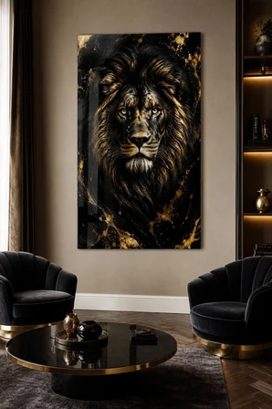 Aslan Desenli Baskılı Cam Tablo – Siyah Gold UV Baskı Dekoratif Duvar Tablosu
