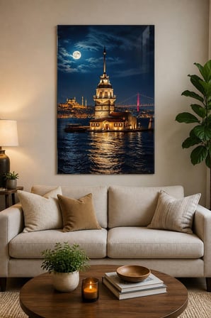 İstanbul Kız Kulesi Baskılı Cam Tablo – Gece Manzaralı Dekoratif Duvar Tablosu
