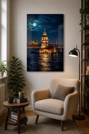 İstanbul Kız Kulesi Baskılı Cam Tablo – Gece Manzaralı Dekoratif Duvar Tablosu