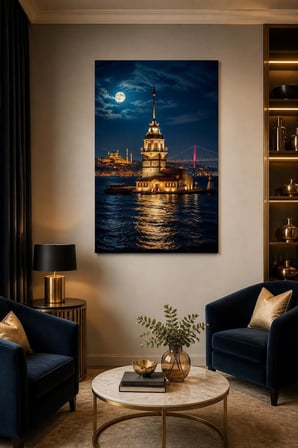 İstanbul Kız Kulesi Baskılı Cam Tablo – Gece Manzaralı Dekoratif Duvar Tablosu