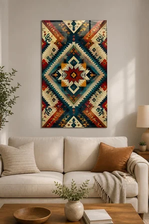 Etnik Kilim Desenli Baskılı Cam Tablo – Geometrik UV Baskı Duvar Dekoru