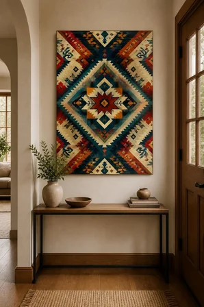 Etnik Kilim Desenli Baskılı Cam Tablo – Geometrik UV Baskı Duvar Dekoru