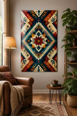 Etnik Kilim Desenli Baskılı Cam Tablo – Geometrik UV Baskı Duvar Dekoru