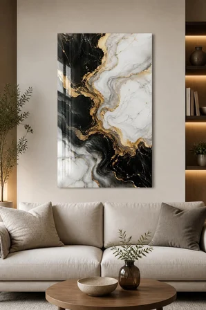 Siyah Beyaz Mermer Desenli Baskılı Cam Tablo – Gold Detaylı Modern Duvar Dekoru