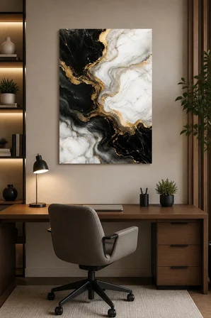 Siyah Beyaz Mermer Desenli Baskılı Cam Tablo – Gold Detaylı Modern Duvar Dekoru