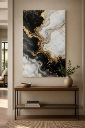 Siyah Beyaz Mermer Desenli Baskılı Cam Tablo – Gold Detaylı Modern Duvar Dekoru