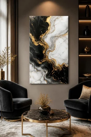 Siyah Beyaz Mermer Desenli Baskılı Cam Tablo – Gold Detaylı Modern Duvar Dekoru