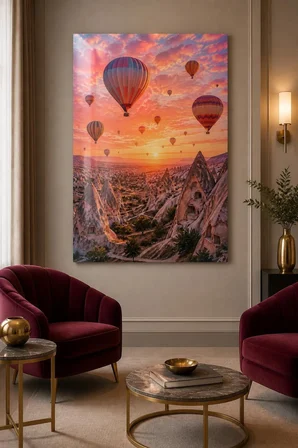Kapadokya Balonları Baskılı Cam Tablo – Gün Batımı Dekoratif Duvar Tablosu